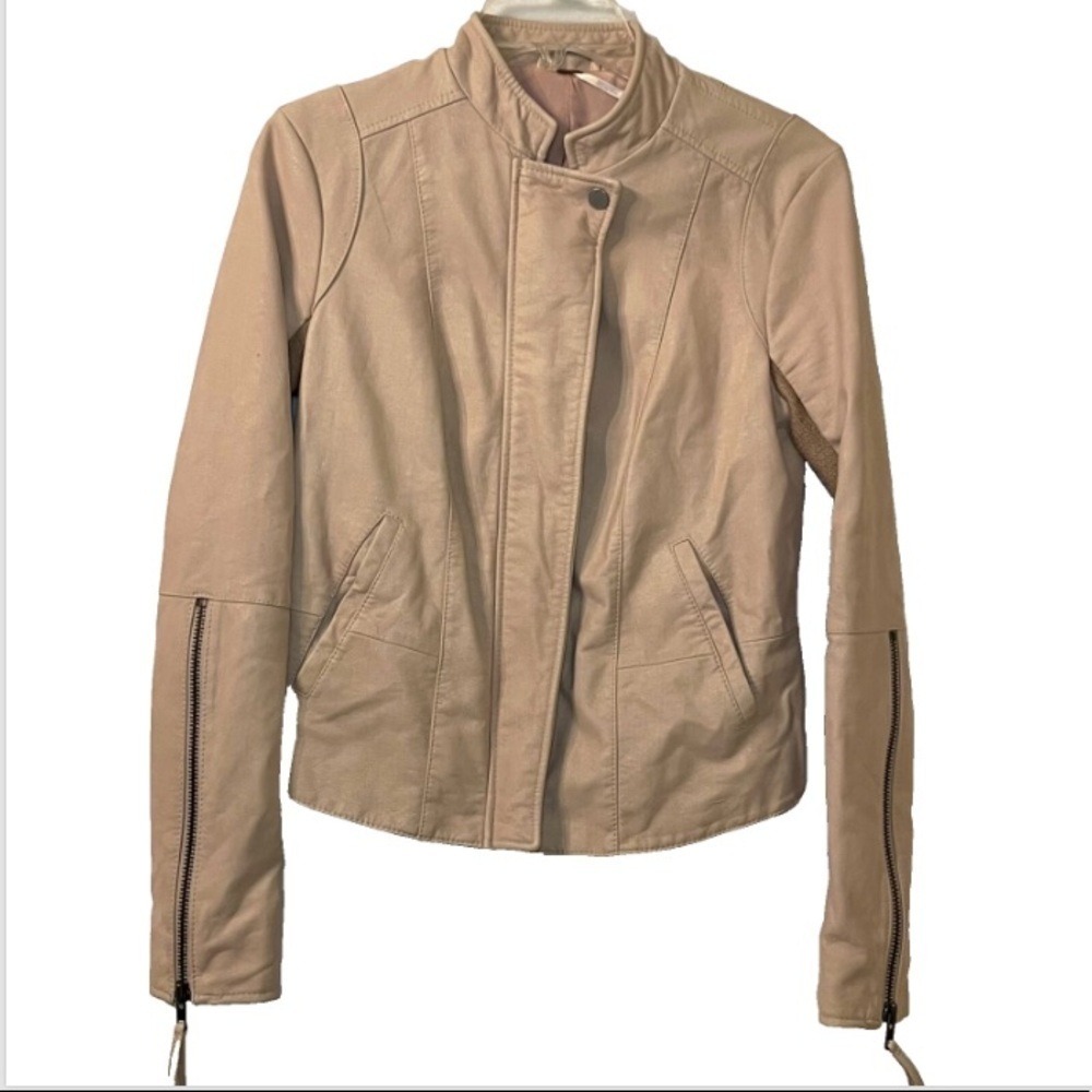 Free People Moto Jacket Vegan Leather Sz 4 Blush Pink /Taupe - Picture 2 of 5